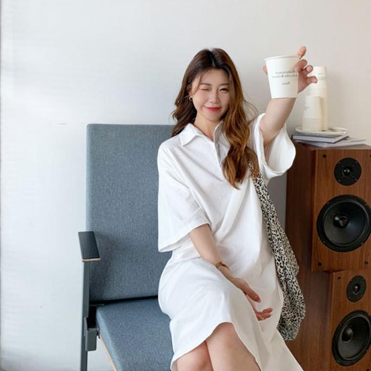 LD 여성 패션 무지 카라 롱 원피스 여름 반팔