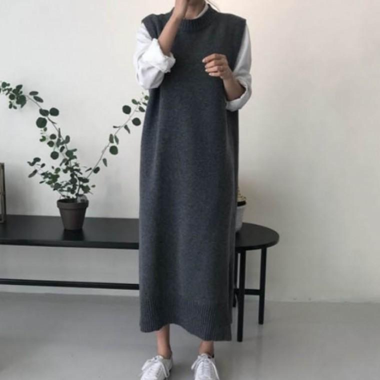 LD 라운드 롱롱 조끼 여성 니트 박시 롱 체형커버 베스트