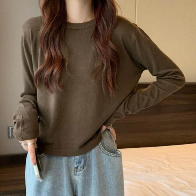 LD 여성 긴팔 니트티 라운드넥 베이지 단색 스웨터