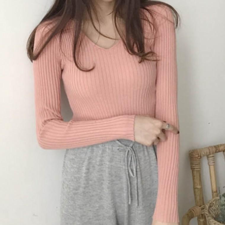 LD 여성 데일리 골지 브이넥 긴팔 니트 슬림핏 캐주얼