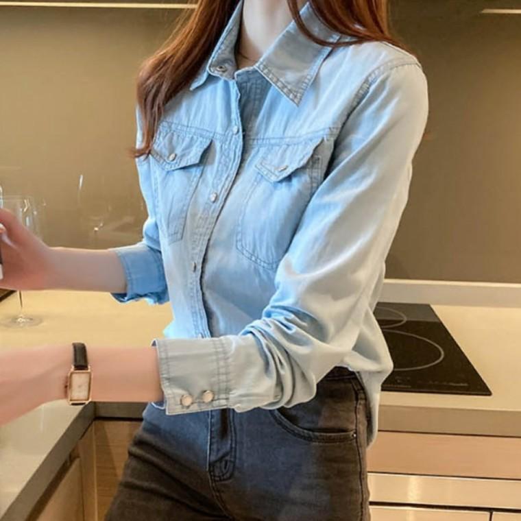 LD 여자 데일리 데님 셔츠 얇은 청남방 블라우스