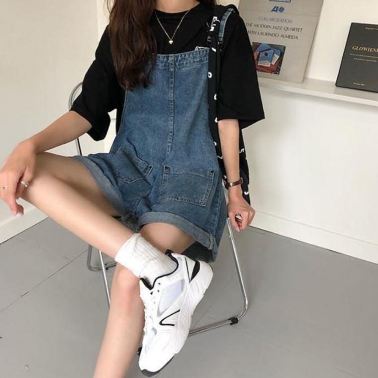 LD 멜빵 데님 청 팬츠 반바지 귀여운 코디 롤업