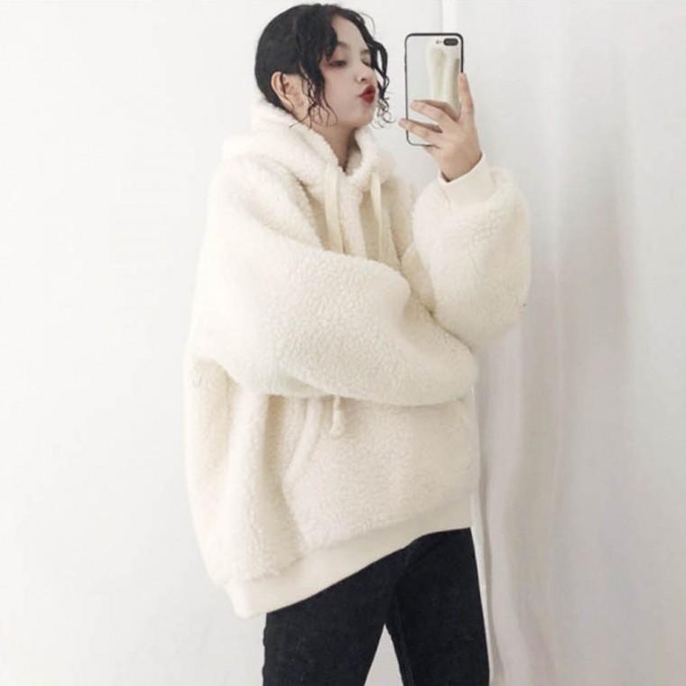 LD 주머니 양털 후드 티셔츠 겨울 여성 패션 따듯한