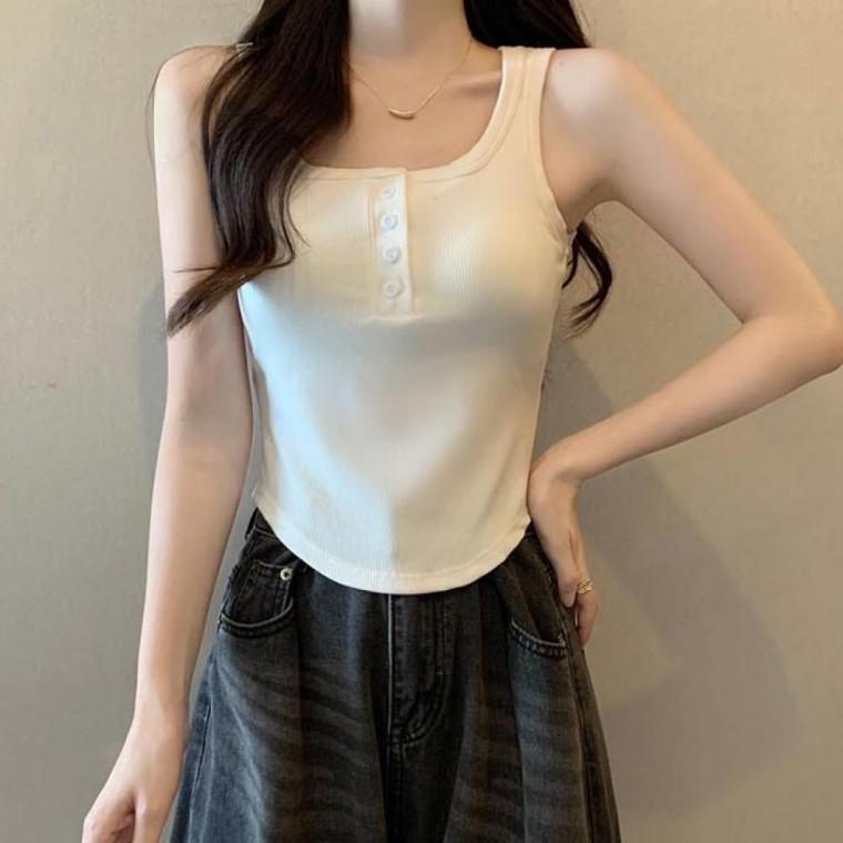 LD 베이직 기본캡 내장 밀착핏 민소매 나시 레이어드 데일리 4버튼