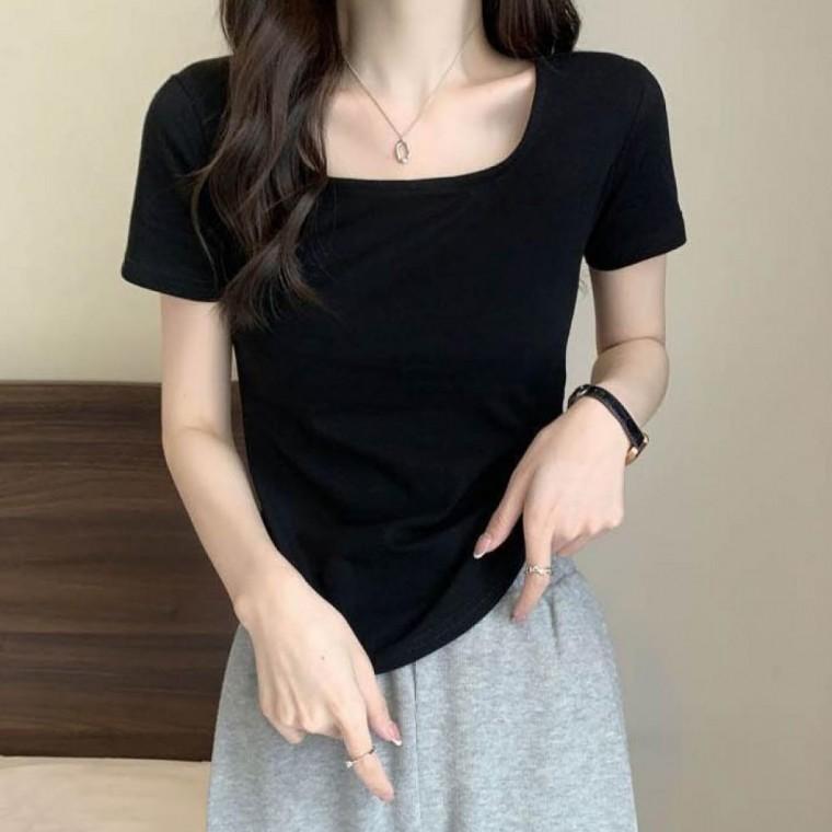 LD 멋스러운 U넥 반팔 티셔츠 여자 여성 여름 레이어드