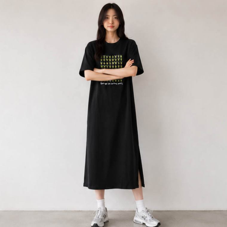 LD 표정 프린팅 여성 반팔 원피스 스트릿 데일리 꾸안꾸 롱치마
