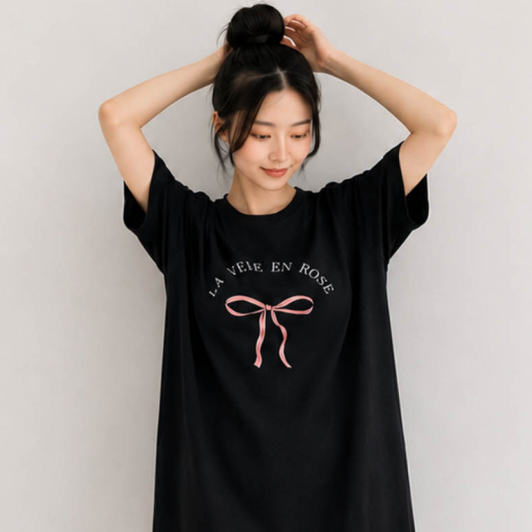 LD 여성 데일리 롱원피스 그래픽 오버핏 핑크리본 프린팅 반팔 치마