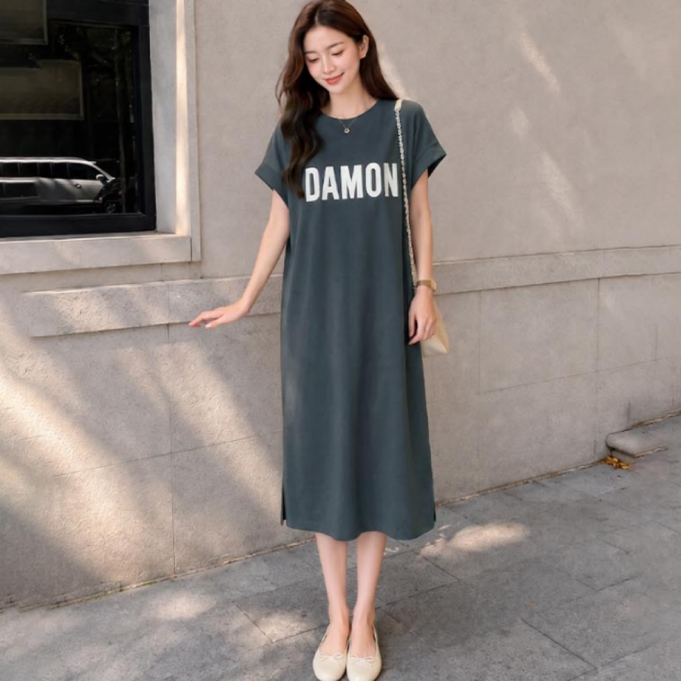 LD 다몬 디테일 원피스 여성 의류 홈웨어 데일리 오버핏 반팔원피스