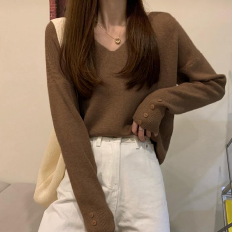 LD 브이넥 긴팔티 소매 단추 포인트 트렌디한 티셔츠