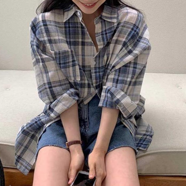 LD 레이어드 체크 남방 넉넉한 오버핏 여성 셔츠 캐주얼 코디