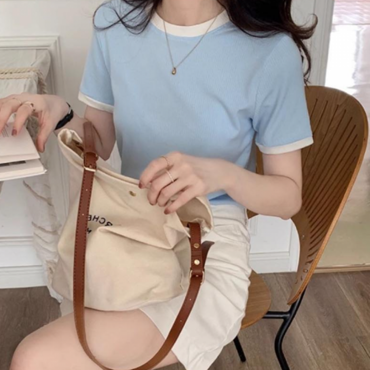 LD 여성 반팔 티셔츠 귀여운 디자인 배색 라인 골지티