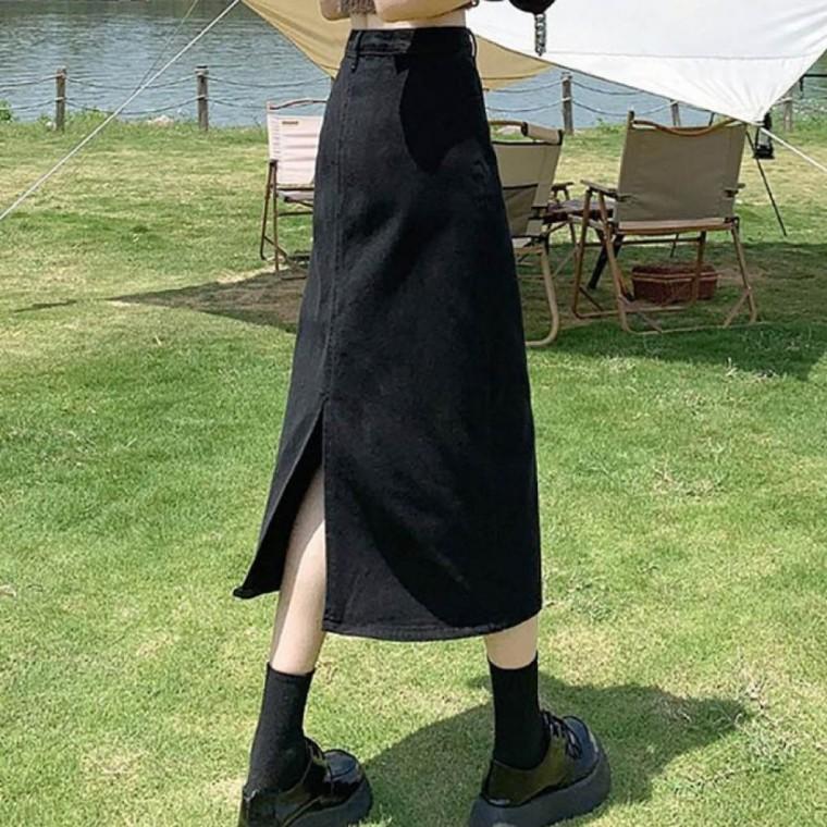 LD 블랙 데님 롱 청치마 블랙진 절개 디테일 롱 스커트