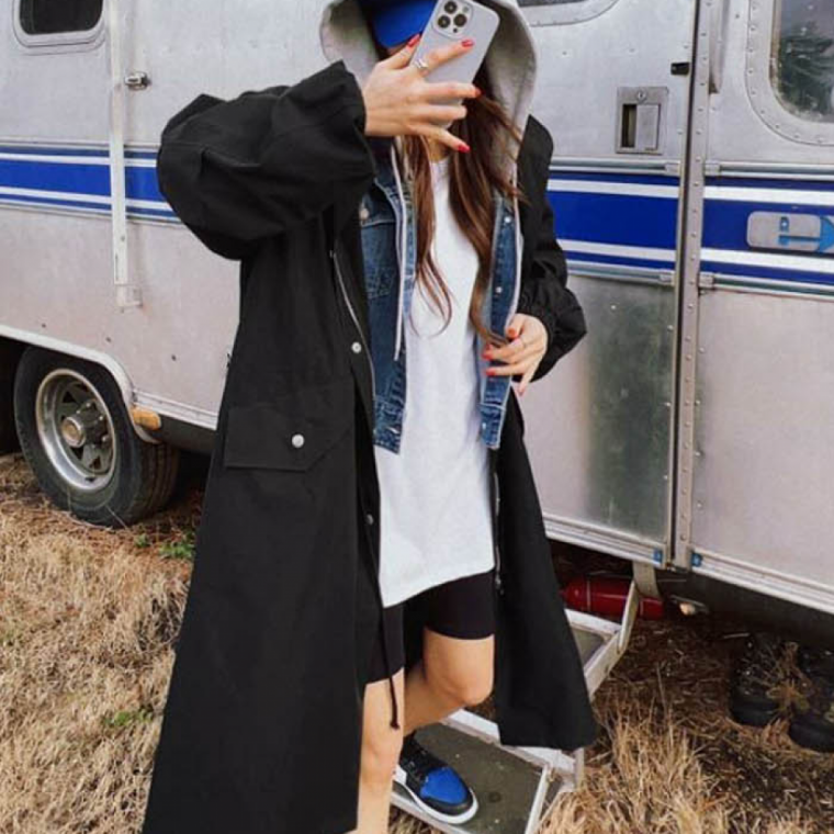 LD 여성 바람막이 야상 블랙 카키 색상 이중 지퍼 단추 투인원 캐주얼 패션