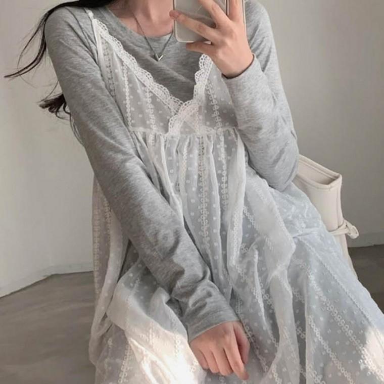 LD 롱나시 뷔스티에 가디건 레이어드 러블리 패턴 시스루 여리여리