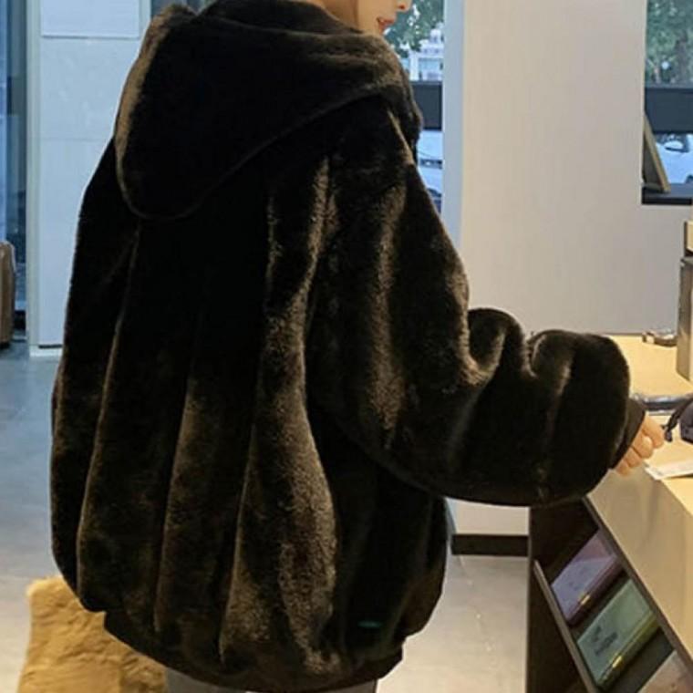 LD 포근한 퍼 아우터 오버핏 후드 점퍼 도톰한 코트