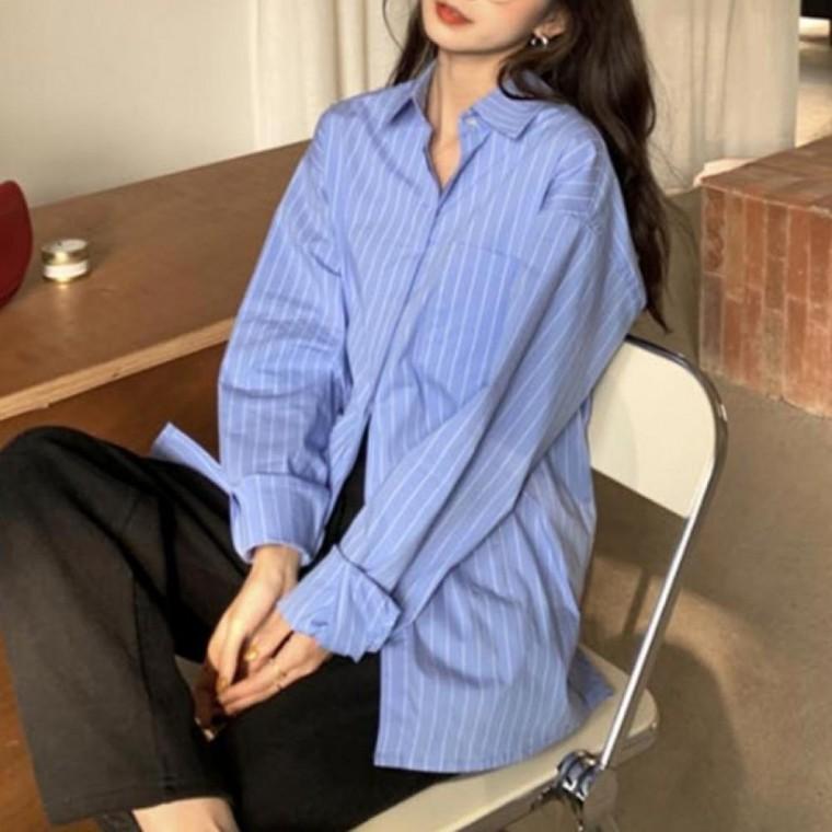 LD 스트라이프 패턴의 오버핏 여자 셔츠 줄무늬 여성 남방