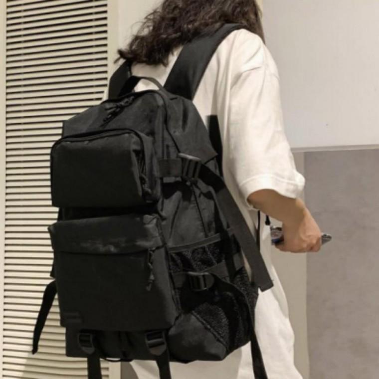 남여공용 기본 스타일 투포켓 블랙 데일리 백팩 학생 가방 여행용 책가방