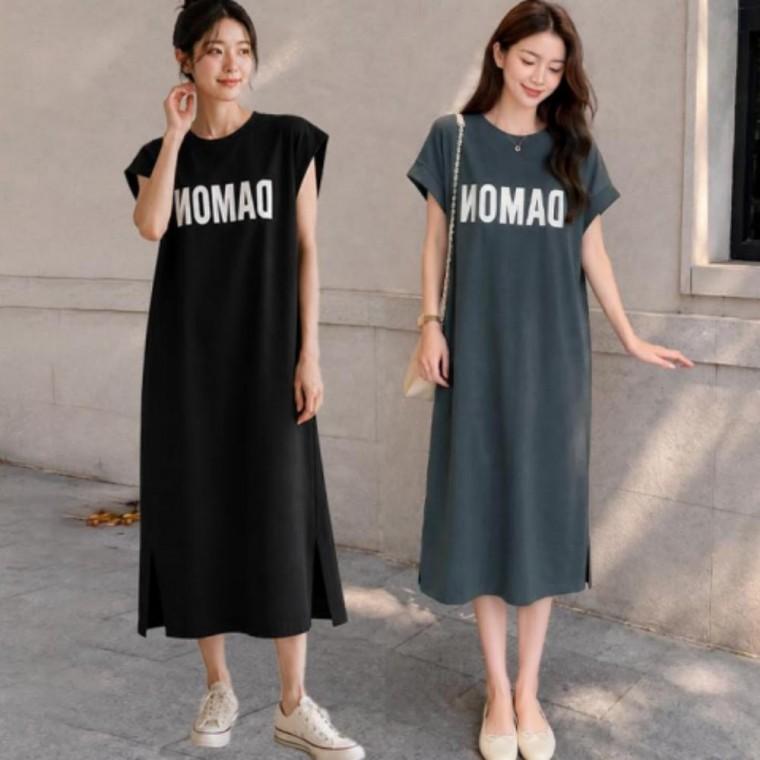오버핏 여성 슬리브리스 반팔 레터링 홈웨어 롱 원피스