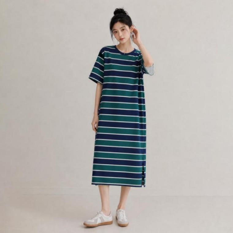 여성 데일리 빅사이즈 반팔 홈웨어 롱 스트라이프 원피스