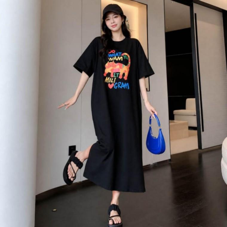 A라인 여성 캐주얼 프린팅 라운드 롱 반팔 원피스