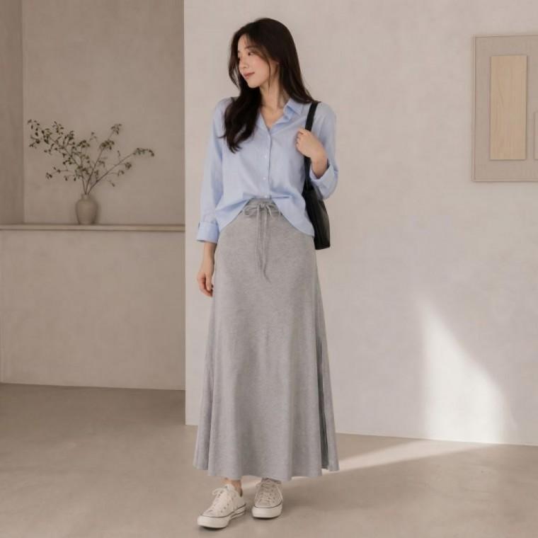 여성 슬림핏 밴딩 트레이닝 치마 슬릿 데일리 롱 스커트