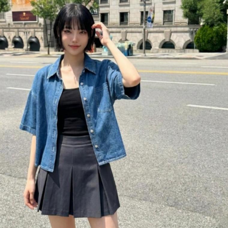 루즈핏 크롭 데님 반팔 자켓 여성 캐주얼 청 셔츠 남방