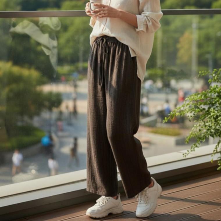 린넨 여성 여름 와이드 데님 팬츠 트레이닝 통 바지