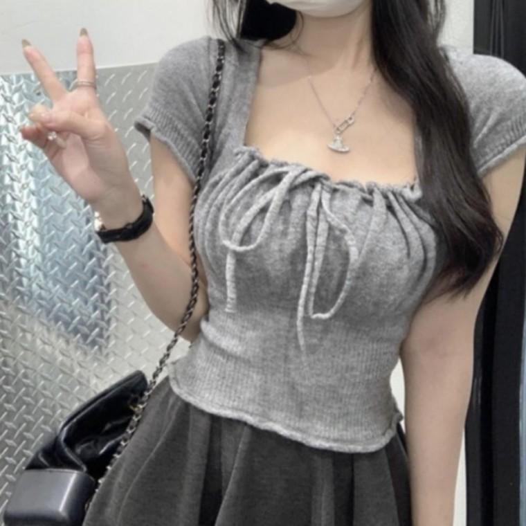 슬림핏 레이스 셔링 크롭탑 여리핏 프릴 반팔 티셔츠