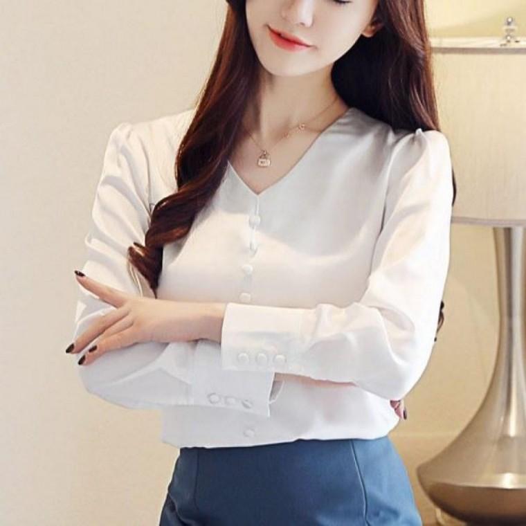 브이넥 여성블라우스 세미정장 단추 여성용 상의