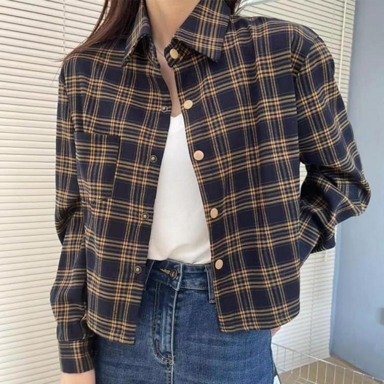 데일리 루즈핏 여성 캐주얼 레이어드 크롭 체크 셔츠