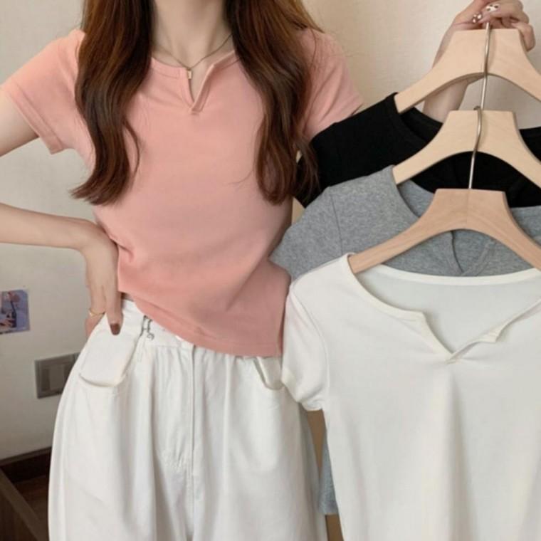 우먼즈 라인핏 실용적인 브이넥 트임 데일리 이너 캐주얼 베이직 반팔티