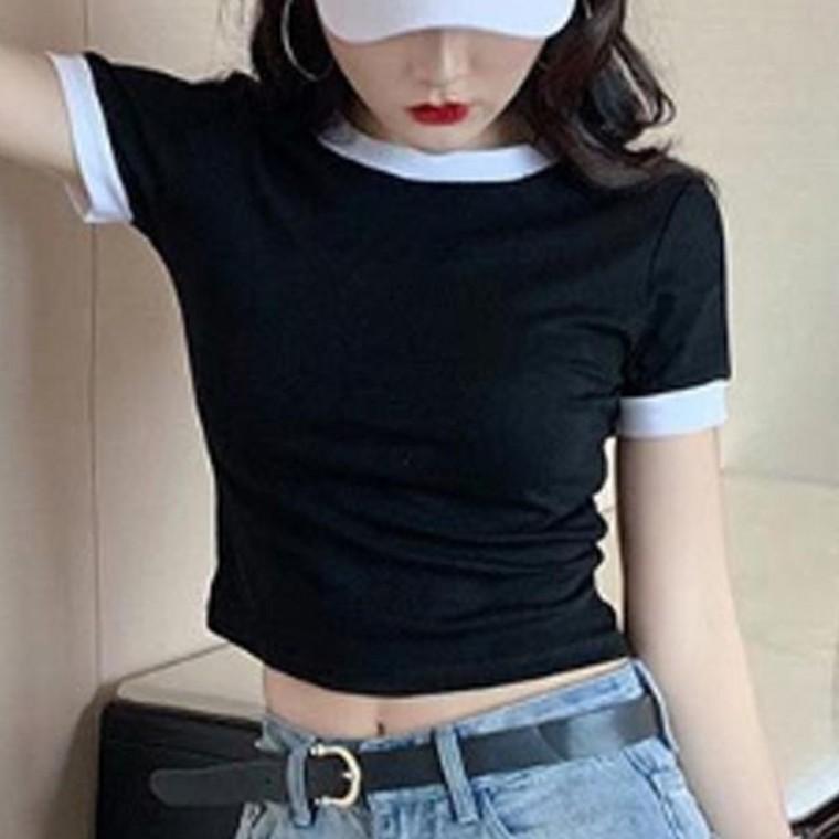 여성 배색 부드러운 포인트 크롭 반팔티 1P 탄탄한 밀착감 라운드 티셔츠