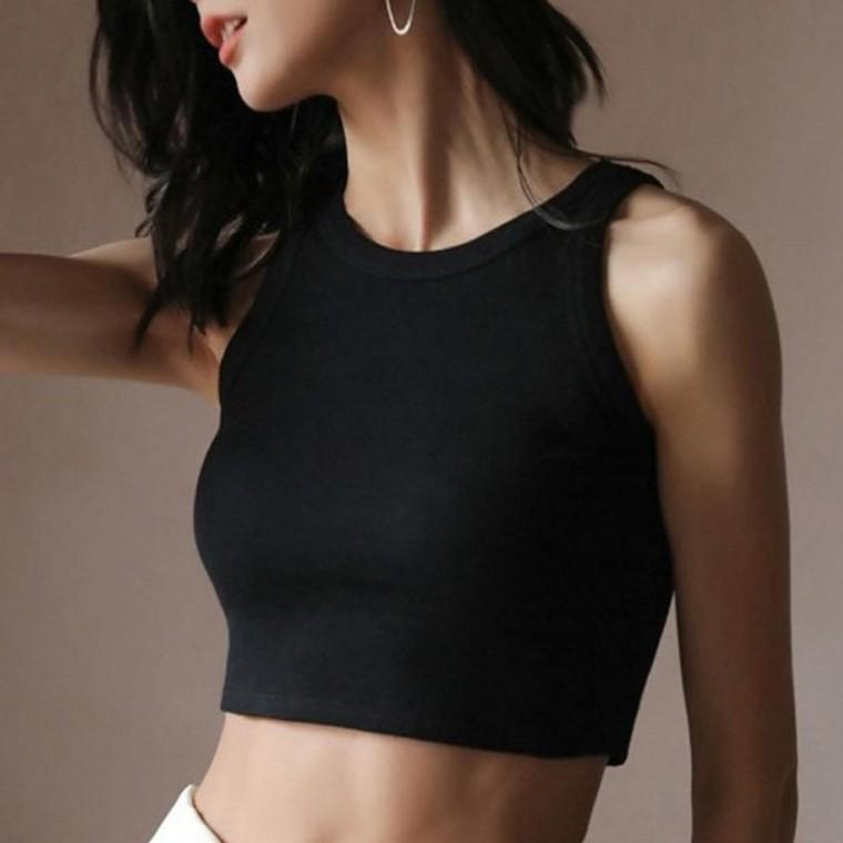 여성 세로 데일리한 골지 크롭 나시티 1P 여름 민소매 티셔츠 슬리브리스