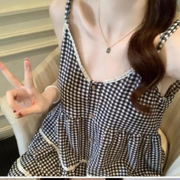 캡내장 체크 레이스 뷔스티에 나시 반바지 잠옷 파자마