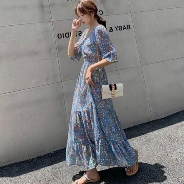 블루 플라워 감각적인 반팔 플레어 롱 원피스 여름 캐주얼 데일리