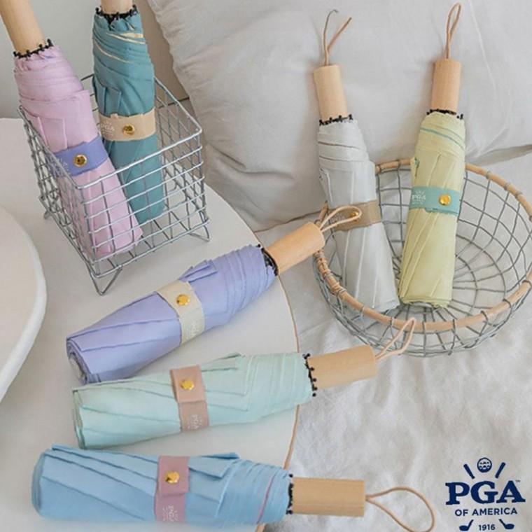 PGA 파스텔 도심형 우드 손잡이 3단 수동 자외선차단 우산