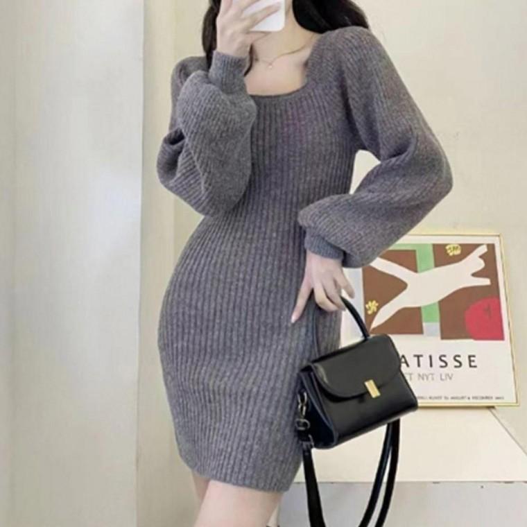 여성 세로 가벼운 골지 탄탄한 니트 미니 원피스 1P 컬러 스퀘어 벌룬핏