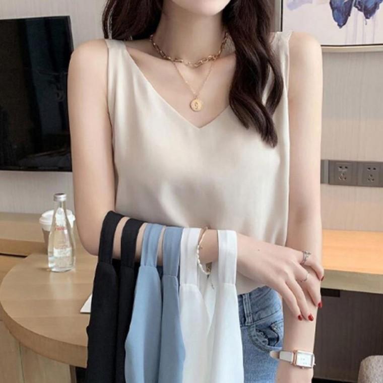 여성 차분한 브이넥 민소매 블라우스 1P 정장 면접 오피스 나시 이너