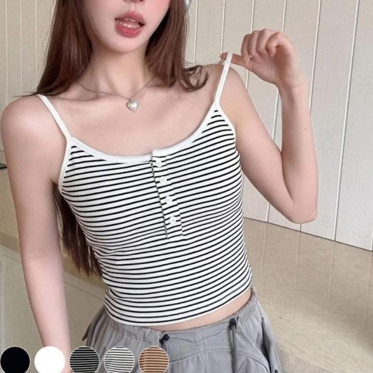 우먼즈 라인핏 깔끔핏 스트라이프 가슴 단추 브라패드 내장 크롭 나시티