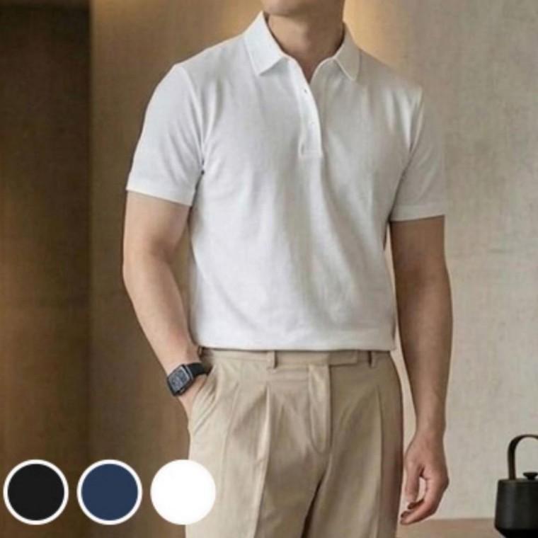 맨즈 기본 은은한 기본핏 카라 솔리드 데일리 단정 반팔 티셔츠