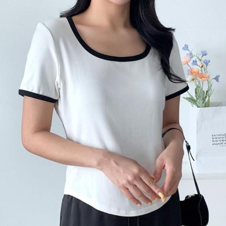 여성 라인 부드러운 배색 무지 여름 반팔티 1P 데일리 베이직 티셔츠 스타일