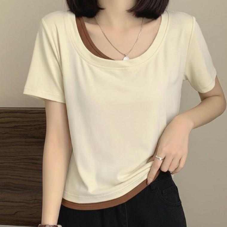 여성 사선 가벼운 페이크 레이어드 반팔티 1P 여름 데일리 티셔츠 포인트