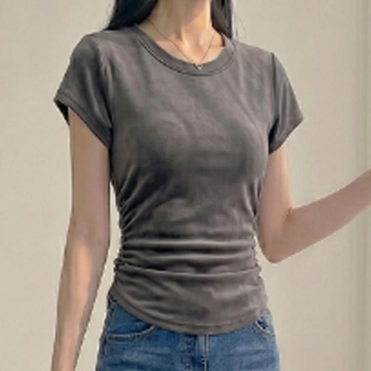 여성 여유로운 사이드 셔링 무지 여름 반팔티 1P 슬림 라인 볼륨핏 티셔츠