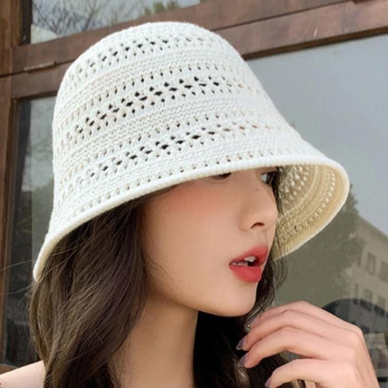 여성 세련된 니트 짜임 펀칭 벙거지 모자 1P 여름 버킷햇 휴양지 해변
