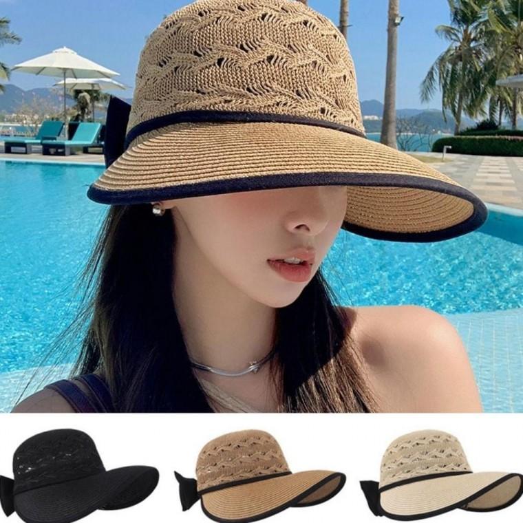 우먼즈 고급스러운 스타일좋은 트리짜임 썸머 햇빛 차단 리본 밀짚 썬캡