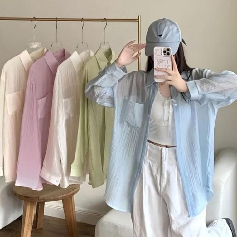 우먼즈 여유핏 예쁜 간편한 주름 데일리 간절기 시스루 셔츠 남방
