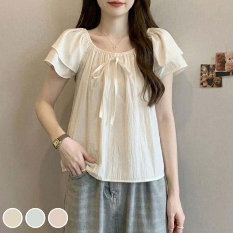 우먼즈 넥라인 산뜻핏 허리밴드 오픈숄더 겸용 층층 레이어드 셔링
