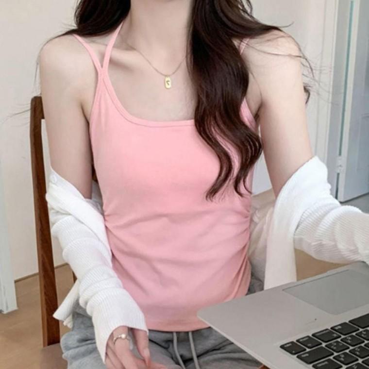 여성 활용도좋은 어깨 두줄 캡내장 나시티 1P 홀터넥 허리 셔링 민소매