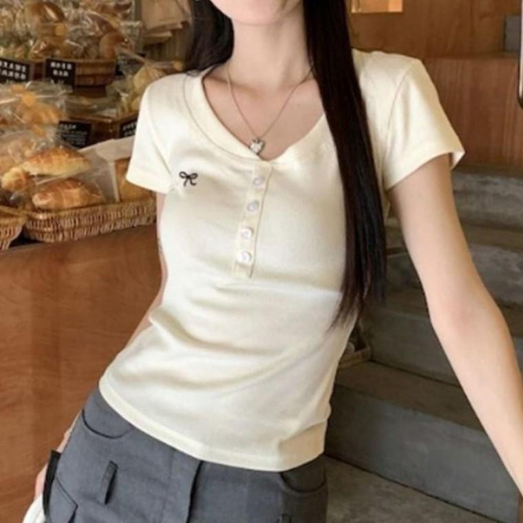 여성 리본 가벼운 버튼 골지 반팔티 1P 데일리 여름 티셔츠 스타일