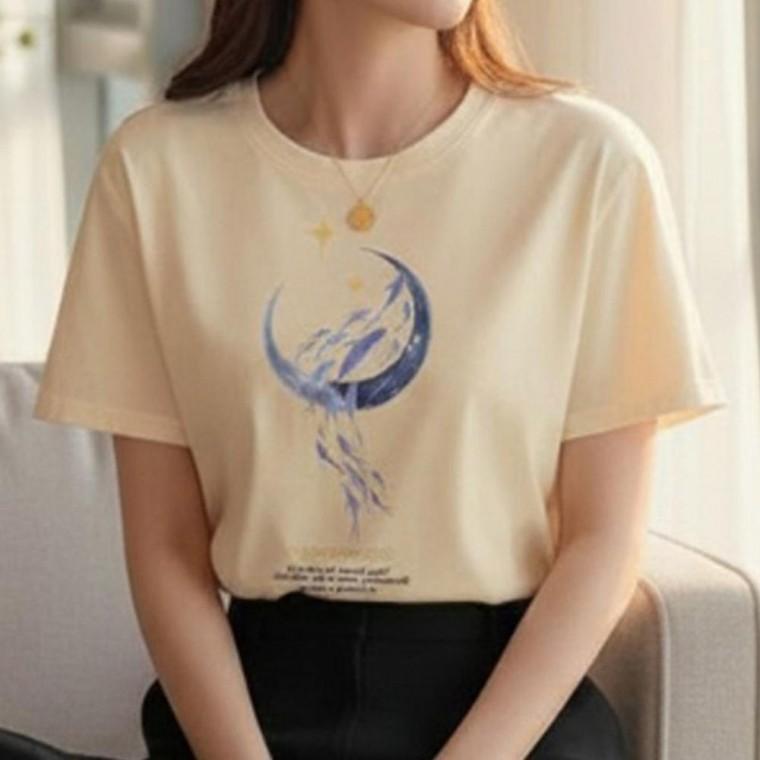 여성 감각적인 달나라 고래 프린팅 여름 반팔티 1P 데일리 티셔츠 스타일